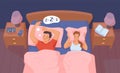 Insomnia couple. Snore apnea sleep trouble in bed, indifference tired husband, angry wife, home bedroom man woman person Royalty Free Stock Photo