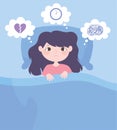 Insomnia, girl cartoon on bed with headache worried