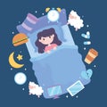 Insomnia, girl sleep disorder, causes heavy meal medicine caffeine stress and poor sleep habits