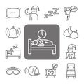 Insomnia health condition, pack icons avatar bed pillow clock linear style