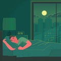 Insomnia. A sad and tired man cannot sleep lying in bed at night. Stress and anxiety. Vector illustration
