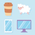 Insomnia, sheep computer mobile and coffee cup icons