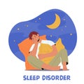 Insomnia and Sleep Disorder Concept. Addiction of Sleeping Pills. Young Man Character Can not Sleep Sitting on Bed