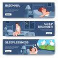 Insomnia, sleep disorder isolated banner of set