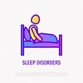 Insomnia thin line icon: sleep disorders, tired man sitting in his bed. Modern vector illustration