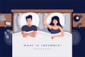 Insomnia vector illustration with a couple lying in bed together. Relationship problem or sleep disorder concept