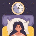 Woman lying in bed, trying to fall asleep in room with clock. Insomnia woman