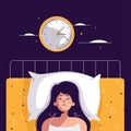 Insomnia woman. Unhappy, sad, tired girl lying in bed, trying to fall asleep. Female character suffers from insomnia Royalty Free Stock Photo