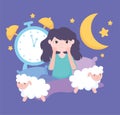 Insomnia, worried girl in the bed with sheeps and clock