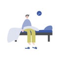 Insomnia. The young man woke up and can`t sleep. Vector illustration on a white background