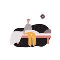 Insomnia. The young man woke up and can\'t sleep. Vector illustration on a white background