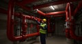 Inspecting Fire Suppression: Engineer Checks Valves & Pipes in Building System for Safety & Compliance Royalty Free Stock Photo