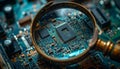 Inspecting a Microchip on a Circuit Board with a Magnifying Glass Royalty Free Stock Photo