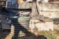 inspection manhole and concrete foundation porches with supporting columns of foam blocks on the perimeter Royalty Free Stock Photo