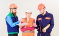 Inspector chastises employee, builder. Men and woman Royalty Free Stock Photo