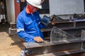 Inspectors are checking defects in welded steel h-beam add joint with process Ultrasonic testing & x28;UT& x29;