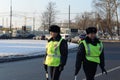 Inspectors of the road patrol service of the police on the Mozhaisk highway in the city of Odintsovo Royalty Free Stock Photo