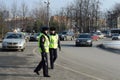 Inspectors of the road patrol service of the police on the Mozhaisk highway in the city of Odintsovo Royalty Free Stock Photo