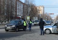 Inspectors of the road patrol service of the police on the Mozhaisk highway in the city of Odintsovo Royalty Free Stock Photo