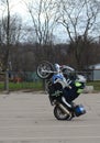 Inspectors of traffic police conduct training on extreme driving on official police motorcycles.