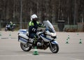 Inspectors of traffic police conduct training on extreme driving on official police motorcycles.