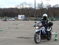 Inspectors of traffic police conduct training on extreme driving on official police motorcycles.