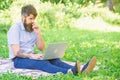 Inspiration for blogging. Blogger becoming inspired by nature. Man bearded with laptop nature background. Blogger create