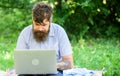 Inspiration for blogging. Looking for inspiration. Blogger becoming inspired by nature. Man bearded with laptop sit