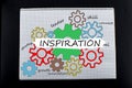 Inspiration concept. View of colorful drawing of gears in notepad made by different colors with inspiration inscription