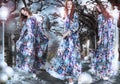 Inspiration. Fantasy. Women in Flowery Dresses among Trees