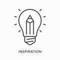 Inspiration flat line icon. Vector outline illustration of screen with lightbulb and pen. Infographic design black thin Royalty Free Stock Photo