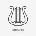 Inspiration flat line icon. Vector thin sign of lyre, harp logo. Ancient musical instrument outline illustration