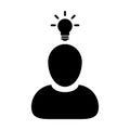 Inspiration icon vector male person profile avatar symbol with bulb for creative idea for business development in Glyph Pictogram Royalty Free Stock Photo