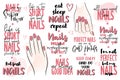 Inspiration lettering quotes about nail and manicure. Woman hands. Pink colors with glitter. For nail bars, beauty salons,