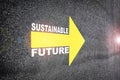 Sustainable future word on asphalt road surface with yellow arrow