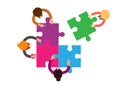 Inspiration, partnership, team building and strategy. Business teamwork connects the puzzle pieces together. Flat style cartoon