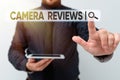 Text sign showing Camera Reviews. Conceptual photo examine or assess formally with the possibility to change Presenting