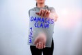 Inspiration showing sign Damages Claim. Word Written on Demand Compensation Litigate Insurance File Suit Royalty Free Stock Photo