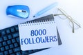 Inspiration showing sign 8000 Followers. Word for number of individuals who follows someone in