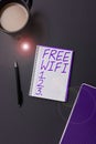 Inspiration showing sign Free Wifi. Concept meaning let you connect to the Internet in public places without paying Royalty Free Stock Photo