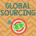 Handwriting text Global Sourcing. Business showcase practice of sourcing from the global market for goods Currency