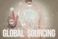 Inspiration showing sign Global Sourcing. Word for practice of sourcing from the global market for goods Lady In Uniform