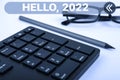 Inspiration showing sign Hello 2022. Word for expression or gesture of greeting answering the telephone Computer Royalty Free Stock Photo