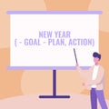 Inspiration showing sign New Year Goal Plan, Action. Business idea Business solution and planning with motivation