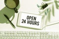 Inspiration showing sign Open 24 Hours. Word for Working all day everyday business store always operating Businessman