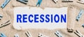 Inspiration showing sign Recession. Word for the process of progressive decrease in growing, period of reduction Royalty Free Stock Photo