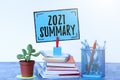 Inspiration showing sign 2021 Summary. Conceptual photo summarizing past year events main actions or good shows Tidy