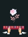 Inspiration. Winged hands play on the multicolored piano keys. Beautiful pink rose on black background. Royalty Free Stock Photo