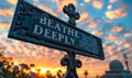 Inspirational black sign against a cloudy sky with BREATHE DEEPLY in white letters encouraging mindfulness and stress