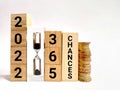Inspirational business concept. 2022 365 chances text on wooden blocks with hourglass background. Stock photo.